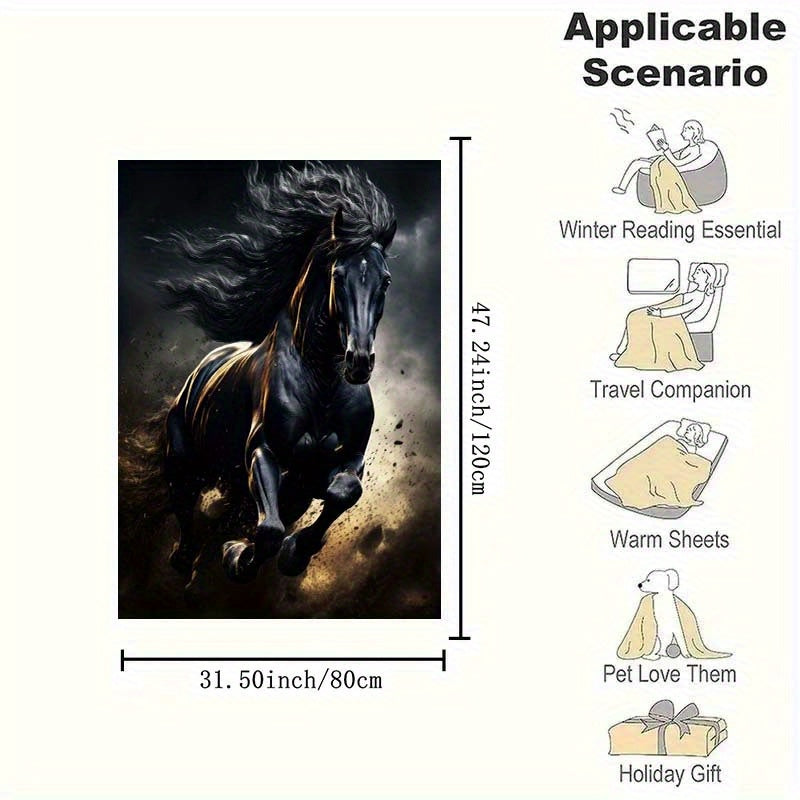 Running Black Horse Pattern Printed Nap RV Travel Camping Soft Comfortable Convenient All-Season Blanket