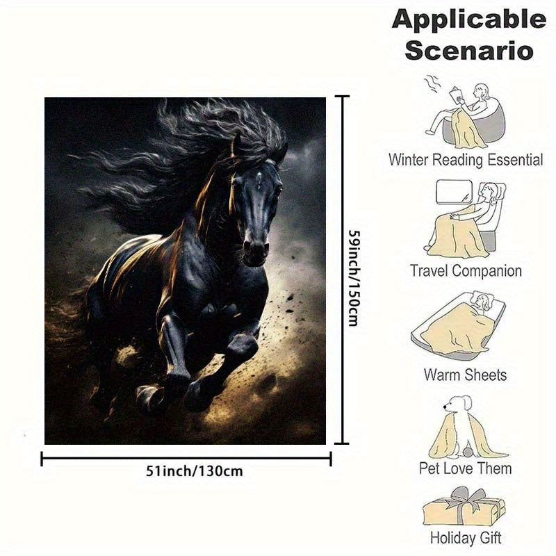 Running Black Horse Pattern Printed Nap RV Travel Camping Soft Comfortable Convenient All-Season Blanket