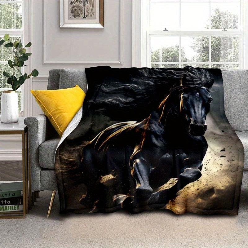 Running Black Horse Pattern Printed Nap RV Travel Camping Soft Comfortable Convenient All-Season Blanket