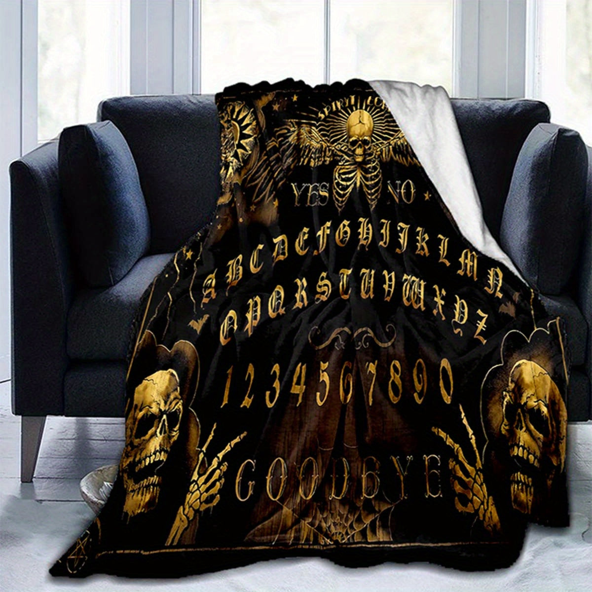 Ouija Board Design Flannel Throw Blanket, Soft Polyester Fiber, Decorative Sofa Couch Picnic Blanket, Lightweight Warm Bed Cover for Living Room Bedroom, Polyester 100%, Large Size Available