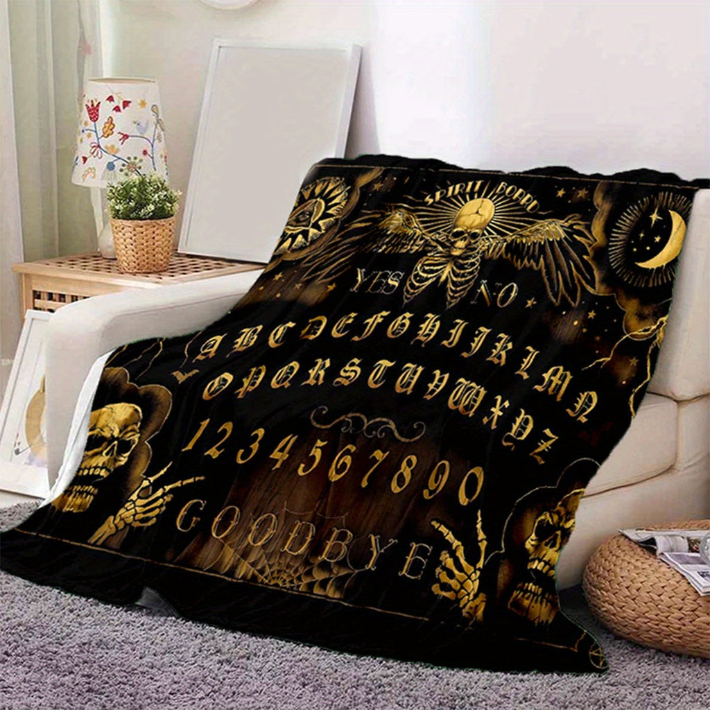 Ouija Board Design Flannel Throw Blanket, Soft Polyester Fiber, Decorative Sofa Couch Picnic Blanket, Lightweight Warm Bed Cover for Living Room Bedroom, Polyester 100%, Large Size Available