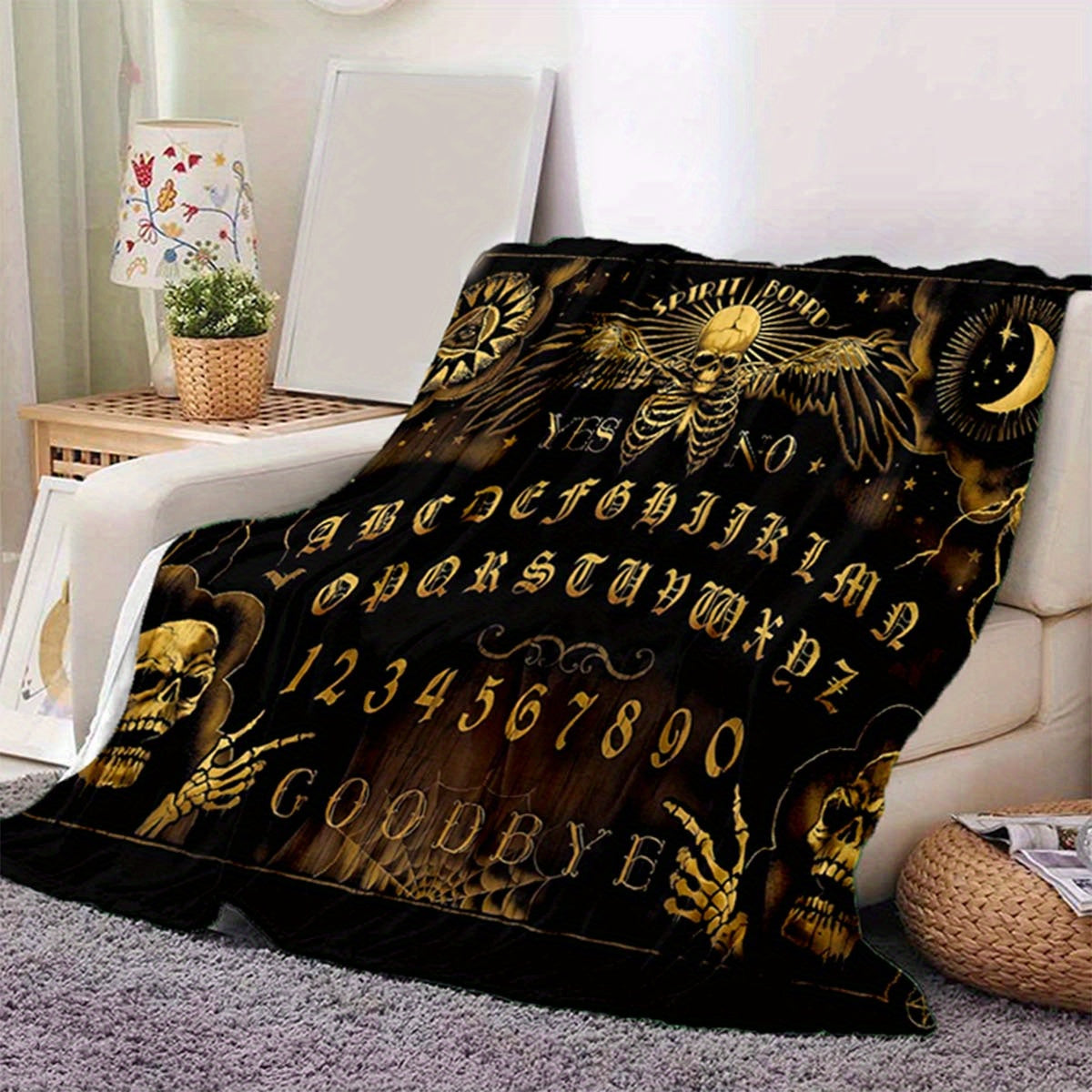 Ouija Board Design Flannel Throw Blanket, Soft Polyester Fiber, Decorative Sofa Couch Picnic Blanket, Lightweight Warm Bed Cover for Living Room Bedroom, Polyester 100%, Large Size Available