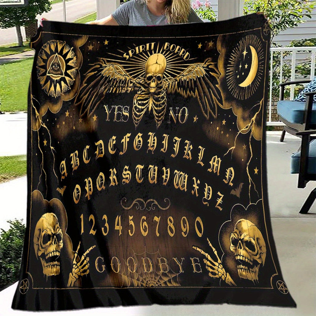 Ouija Board Design Flannel Throw Blanket, Soft Polyester Fiber, Decorative Sofa Couch Picnic Blanket, Lightweight Warm Bed Cover for Living Room Bedroom, Polyester 100%, Large Size Available