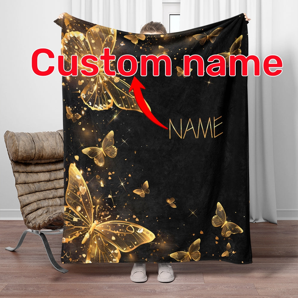 1pc Custom Name Blanket, Butterfly Personalization Lightweight Throw Blanket For Sofa, Bed, Travel, Camping, Living Room, Office, Couch, Chair, And Bed - Digital Printing Soft And Warm Flannel Fabric Blanket Lootquake LLC
