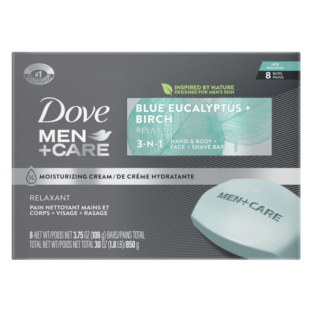 Dove Men+Care 3-in-1 Men's Dry Hand, Body, Face + Shave Bar Relaxing Blue Eucalyptus, 3.75 oz 8 Bars