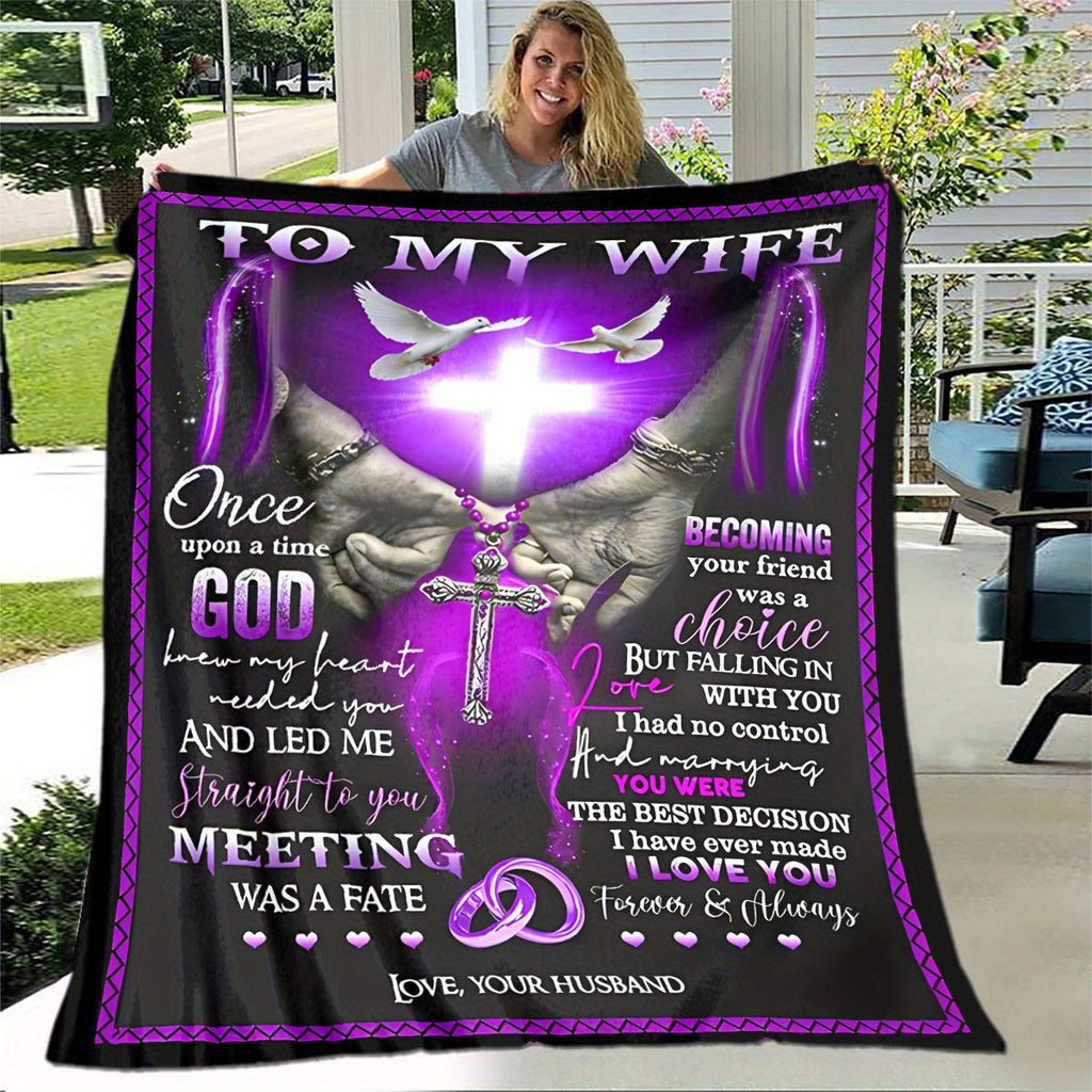 To My Wife Love Blanket - Faith & Devotion Themed Polyester Flannel, 100% Polyester, Large Size, Machine Washable, Multi-Purpose Sheet for Picnic, Travel, Anniversary Gift from Husband Lootquake LLC