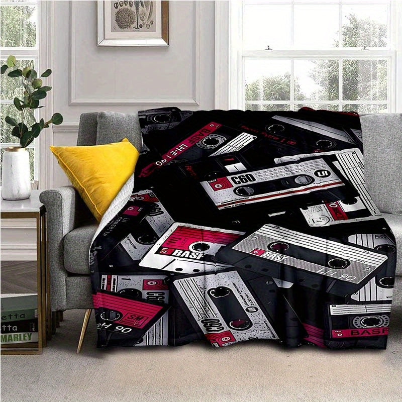 Retro Cassette Tape Design Soft Polyester Square Blanket for Sofa, Bed, Picnic, and Office Use - Comfortable and Cozy Art Print Throw Blanket Lootquake LLC