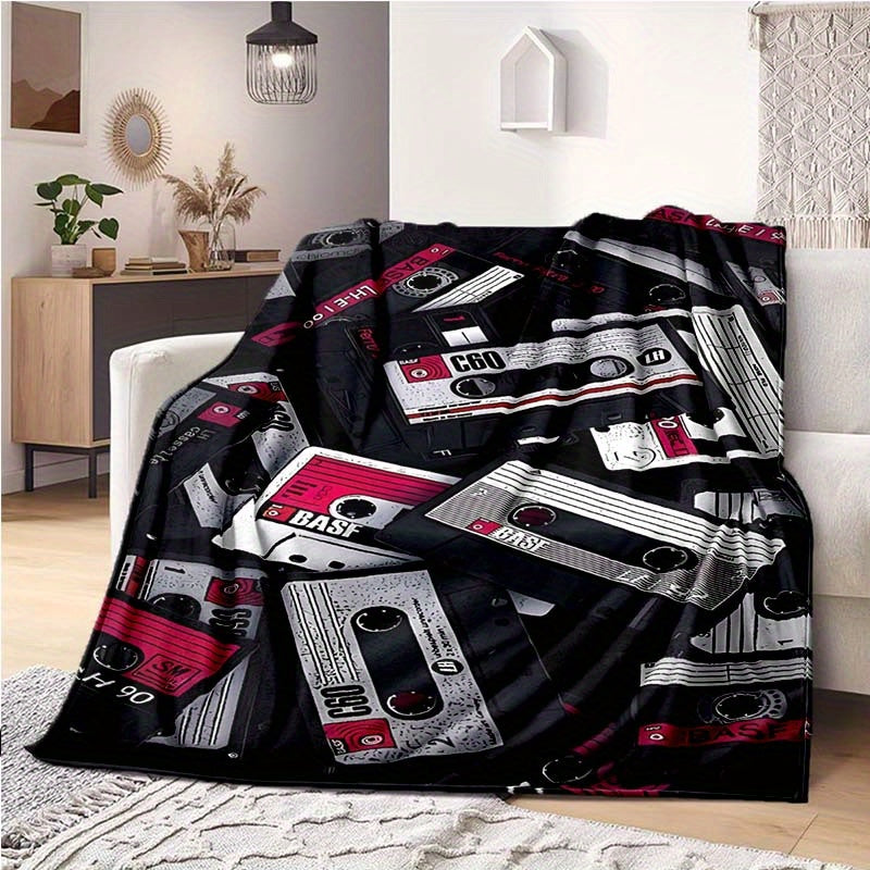 Retro Cassette Tape Design Soft Polyester Square Blanket for Sofa, Bed, Picnic, and Office Use - Comfortable and Cozy Art Print Throw Blanket Lootquake LLC