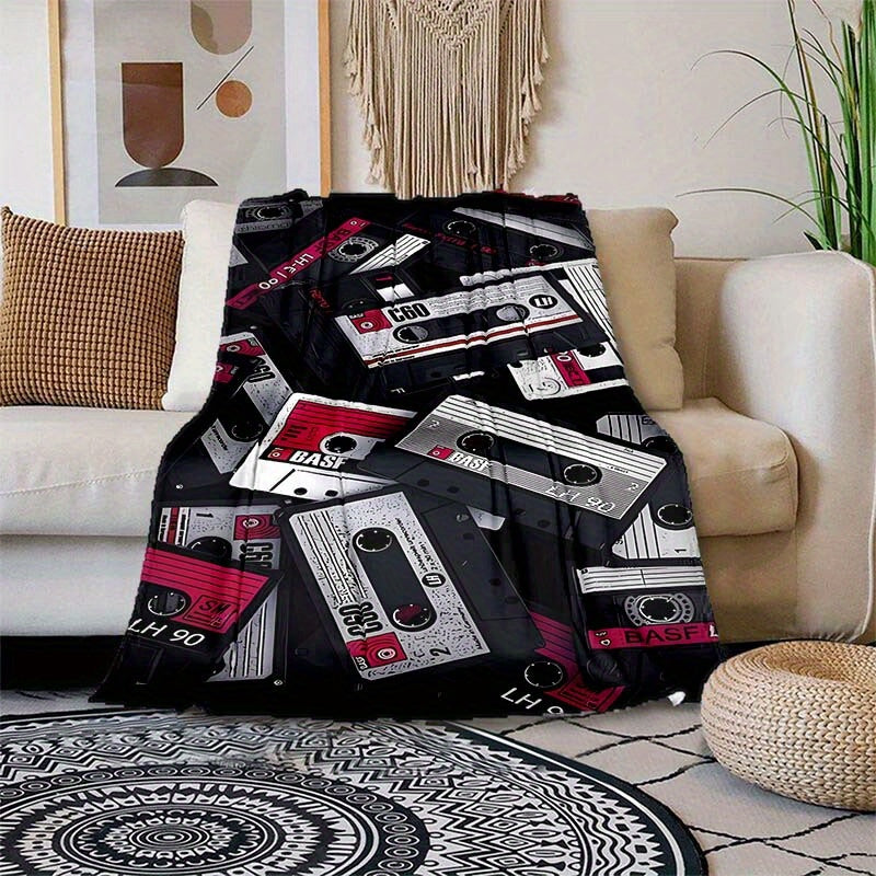 Retro Cassette Tape Design Soft Polyester Square Blanket for Sofa, Bed, Picnic, and Office Use - Comfortable and Cozy Art Print Throw Blanket Lootquake LLC