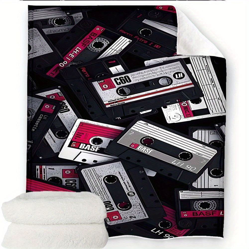 Retro Cassette Tape Design Soft Polyester Square Blanket for Sofa, Bed, Picnic, and Office Use - Comfortable and Cozy Art Print Throw Blanket Lootquake LLC