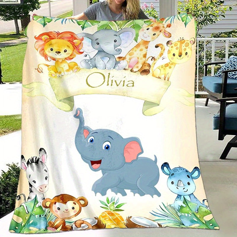 1pc Custom Your Name Blanket, Personalized Cute Elephant Animals Pattern Text Blanket, Outdoor Travel Leisure Four Seasons Nap Blanket, For Anniversary Gift
