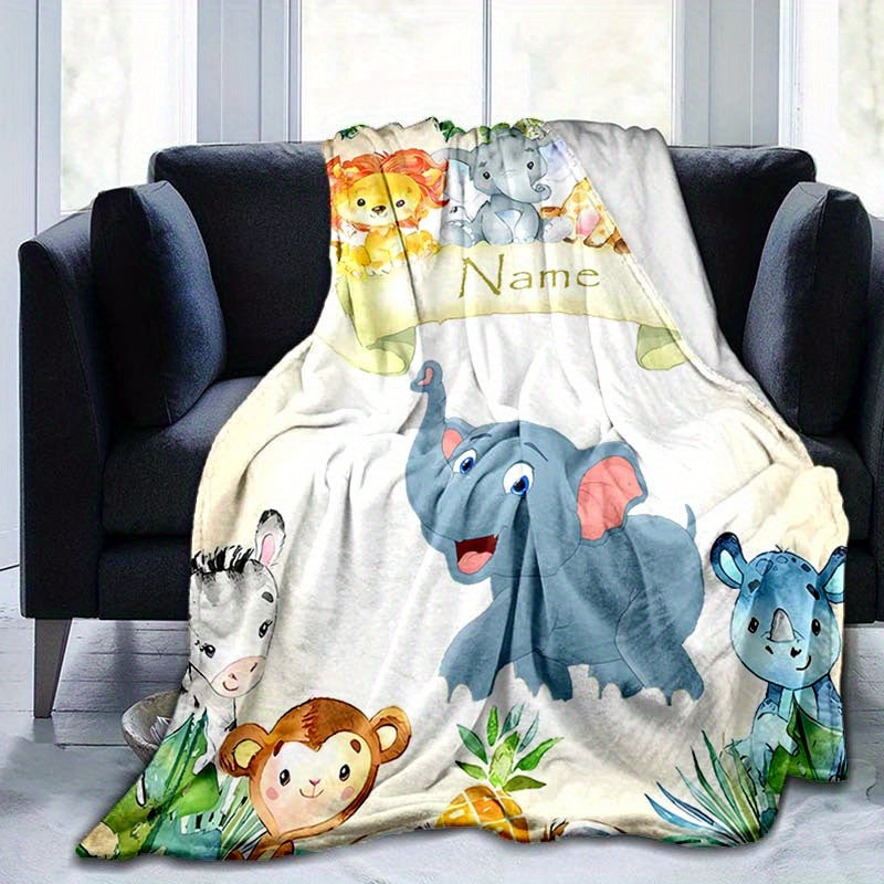 1pc Custom Your Name Blanket, Personalized Cute Elephant Animals Pattern Text Blanket, Outdoor Travel Leisure Four Seasons Nap Blanket, For Anniversary Gift