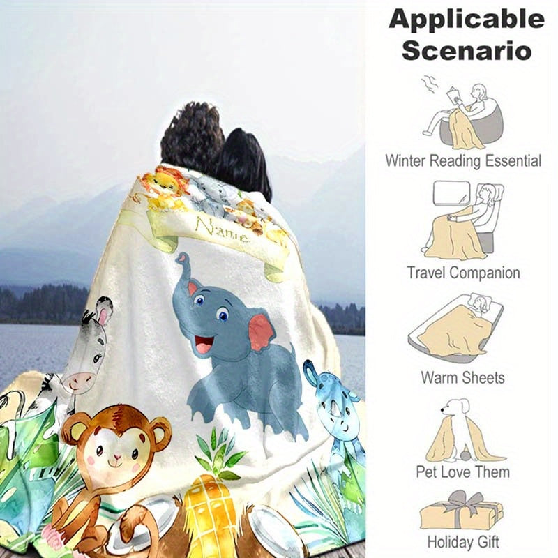 1pc Custom Your Name Blanket, Personalized Cute Elephant Animals Pattern Text Blanket, Outdoor Travel Leisure Four Seasons Nap Blanket, For Anniversary Gift