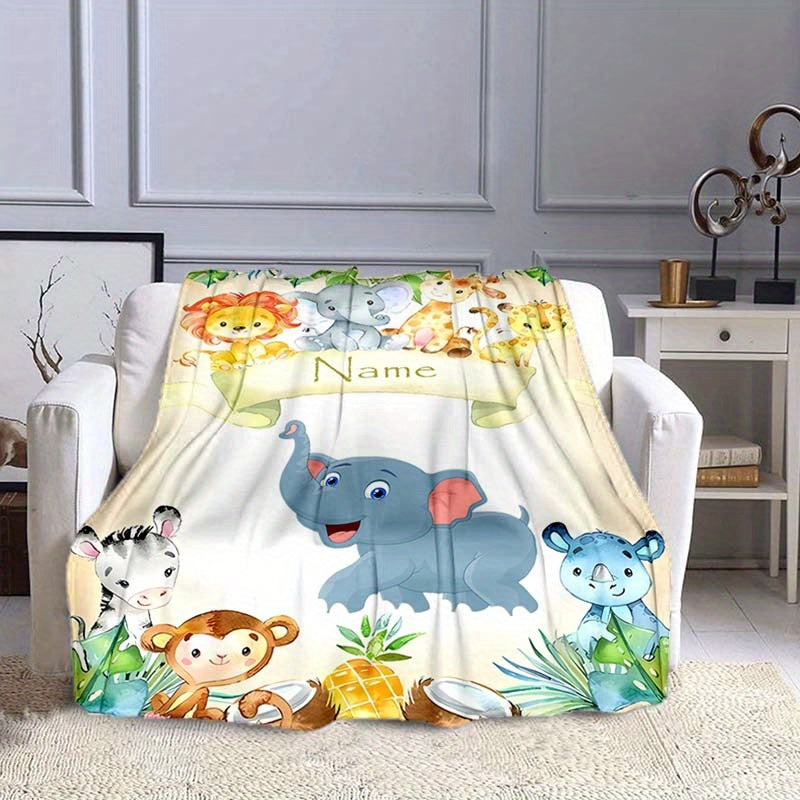 1pc Custom Your Name Blanket, Personalized Cute Elephant Animals Pattern Text Blanket, Outdoor Travel Leisure Four Seasons Nap Blanket, For Anniversary Gift