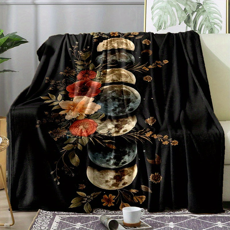 Cozy Floral Moon Divination Throw Blanket - Soft, Warm & Versatile for Couch, Bed, Sofa | All-Season Polyester Blanket Perfect for Travel & Outdoor Leisure