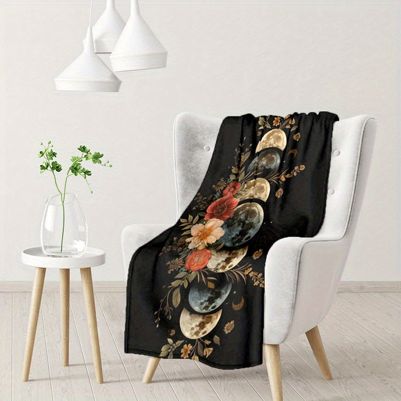 Cozy Floral Moon Divination Throw Blanket - Soft, Warm & Versatile for Couch, Bed, Sofa | All-Season Polyester Blanket Perfect for Travel & Outdoor Leisure