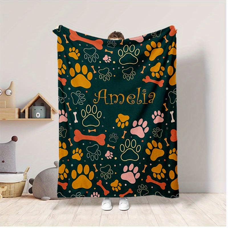 Personalized Dog Paw Pattern Blanket with Custom Name - Polyester Fiber, Chunky Knit Weave, Machine Washable, All-Season Travel & Nap Blanket - Ideal Anniversary Gift Lootquake LLC
