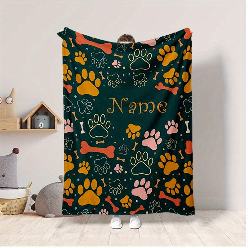 Personalized Dog Paw Pattern Blanket with Custom Name - Polyester Fiber, Chunky Knit Weave, Machine Washable, All-Season Travel & Nap Blanket - Ideal Anniversary Gift Lootquake LLC