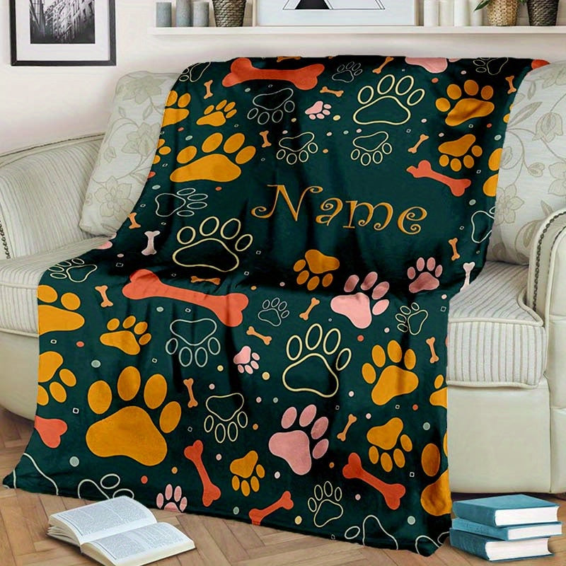 Personalized Dog Paw Pattern Blanket with Custom Name - Polyester Fiber, Chunky Knit Weave, Machine Washable, All-Season Travel & Nap Blanket - Ideal Anniversary Gift Lootquake LLC