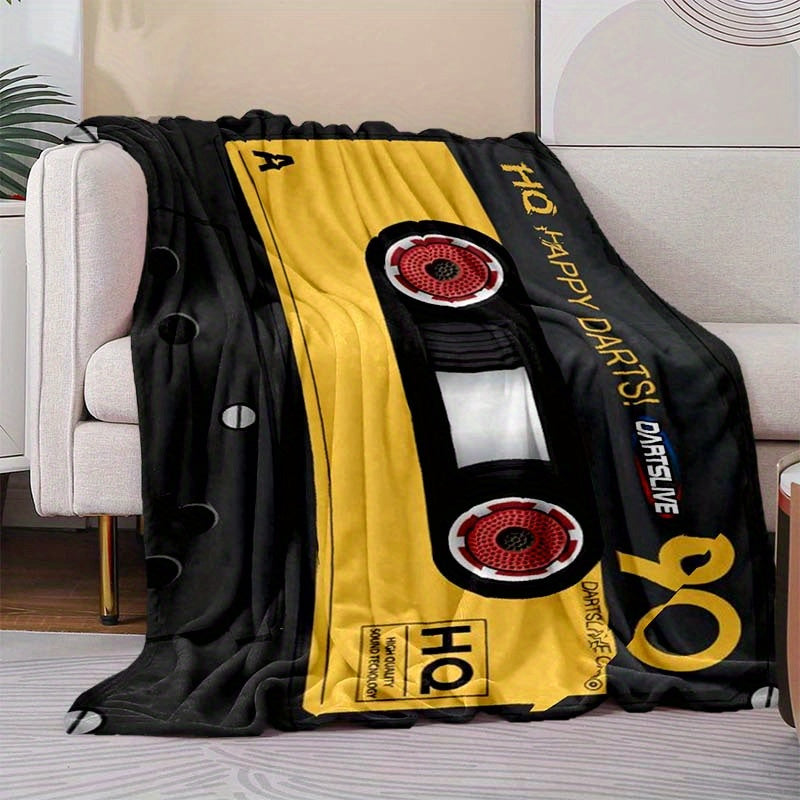 Retro Cassette Tape Design Throw Blanket - 100% Polyester, Soft Plush Nap Blanket for Couch, Sofa, Bed, Office, and Travel - Versatile Gift Blanket for All Seasons - Large Size with Area Over 2.16m² and Long Side Over 70.87i