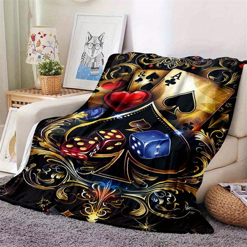 Retro Poker and Dice Design Polyester Blanket - 100% Plush Material, Warm, Lightweight, Versatile for Sofa, Bed, Travel, Picnic, Multipurpose Rectangle Chair Mat with Large Coverage Area Over 2.16m² and Longest Side Exceedin