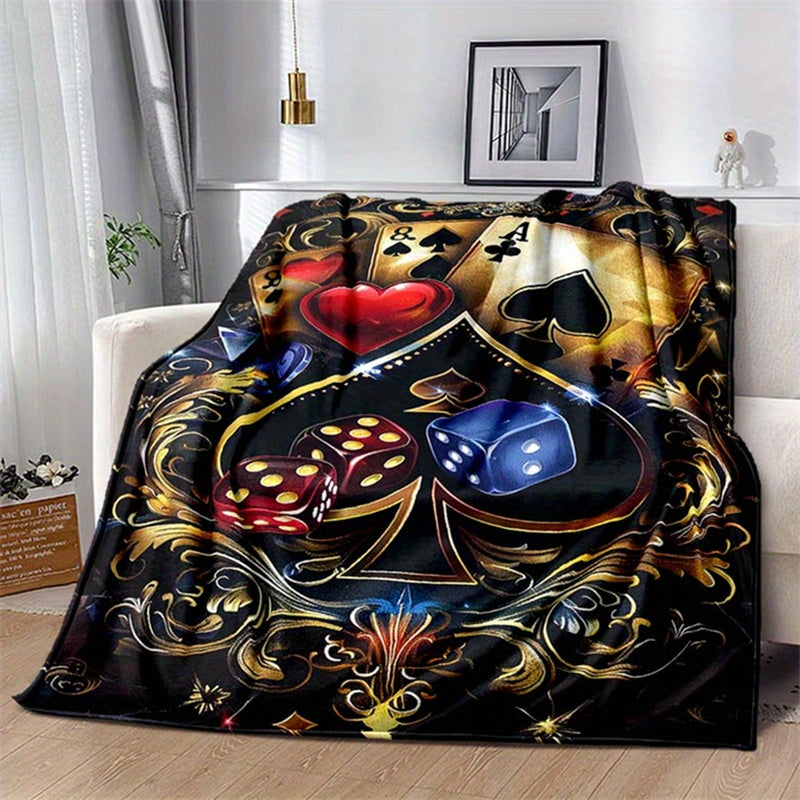 Retro Poker and Dice Design Polyester Blanket - 100% Plush Material, Warm, Lightweight, Versatile for Sofa, Bed, Travel, Picnic, Multipurpose Rectangle Chair Mat with Large Coverage Area Over 2.16m² and Longest Side Exceedin