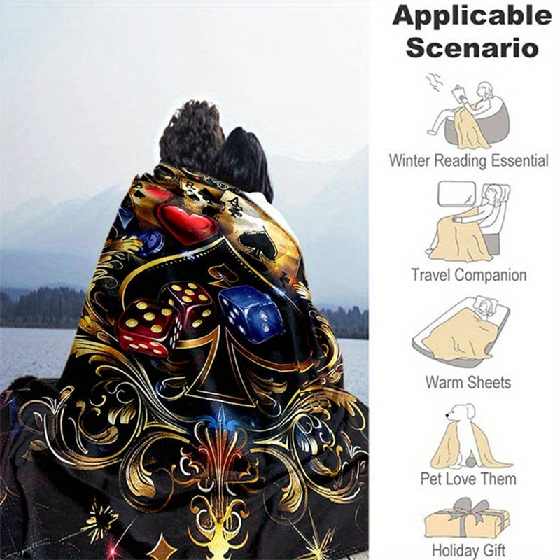 Retro Poker and Dice Design Polyester Blanket - 100% Plush Material, Warm, Lightweight, Versatile for Sofa, Bed, Travel, Picnic, Multipurpose Rectangle Chair Mat with Large Coverage Area Over 2.16m² and Longest Side Exceedin