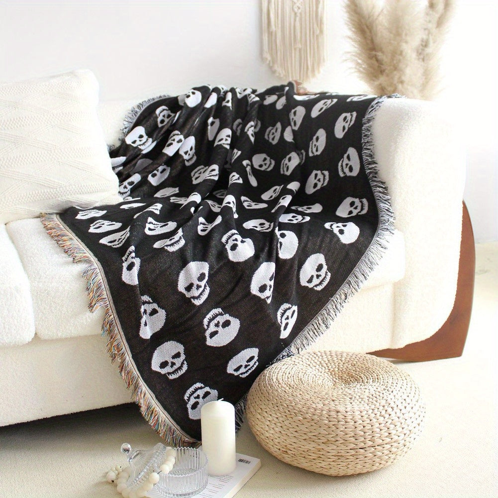 Skull Pattern Picnic Blanket, Machine Washable, Knit Weave, Multi-Functional Fringe Throw, Polyester Backing, for Outdoor Camping, Yoga Mat, Bed Sofa Living Room Decor, Machine Made