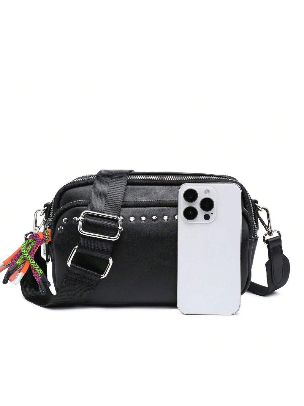 Women Small Crossbody Bag Beige With Multiple Pockets Trendy Tassel Compact Organized Square Purse Black With Wide Comfortable Nylon Guitar Strap - SJB-DIAMOND ELITES