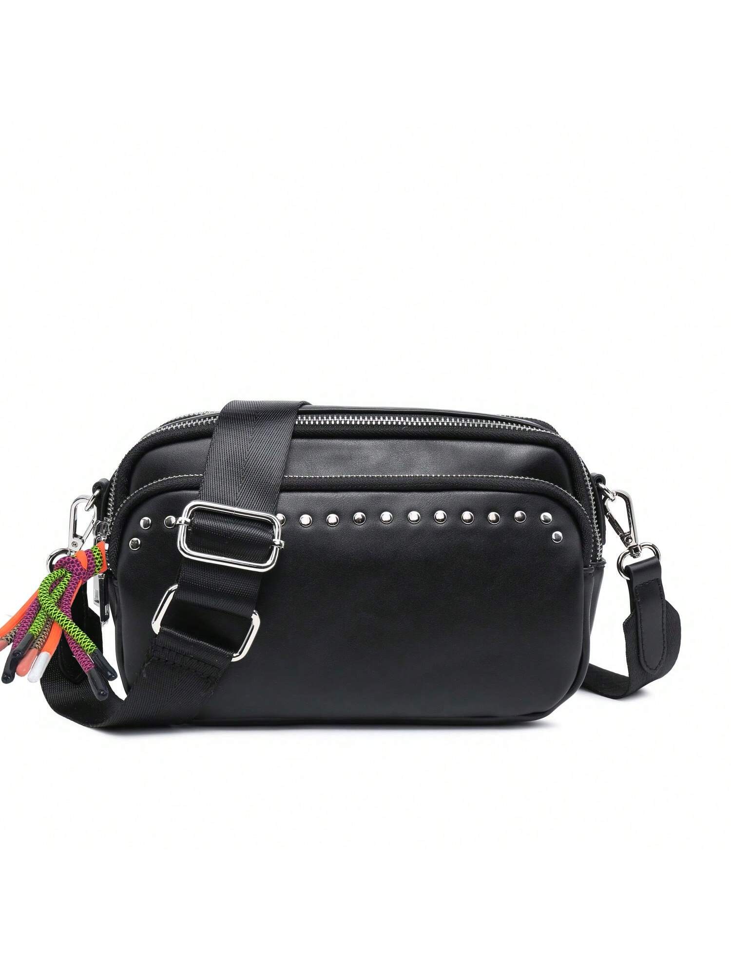 Women Small Crossbody Bag Beige With Multiple Pockets Trendy Tassel Compact Organized Square Purse Black With Wide Comfortable Nylon Guitar Strap - SJB-DIAMOND ELITES