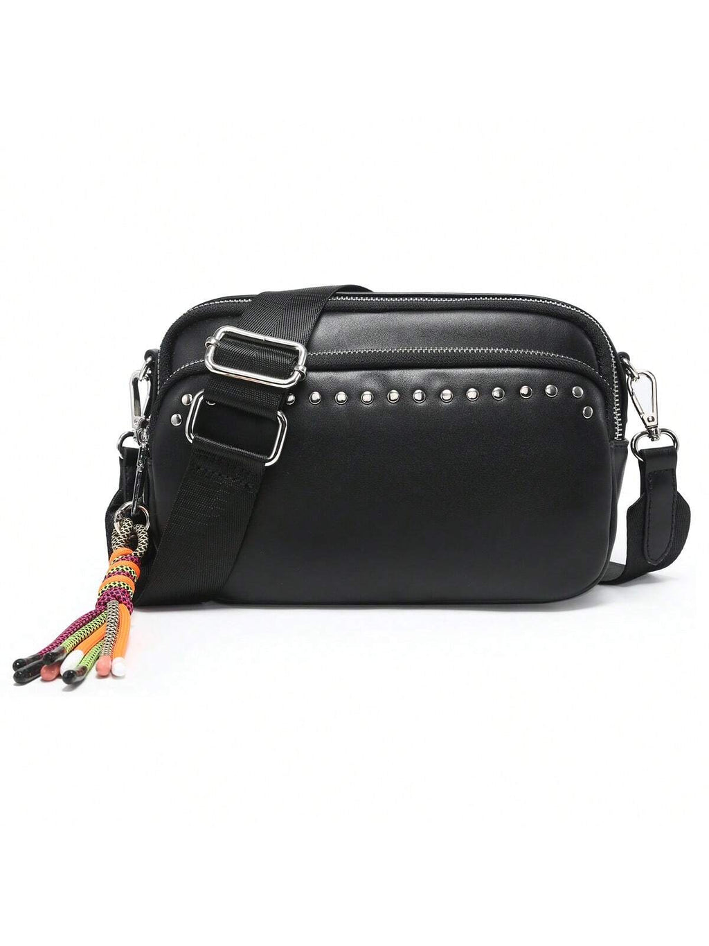 Women Small Crossbody Bag Beige With Multiple Pockets Trendy Tassel Compact Organized Square Purse Black With Wide Comfortable Nylon Guitar Strap - SJB-DIAMOND ELITES