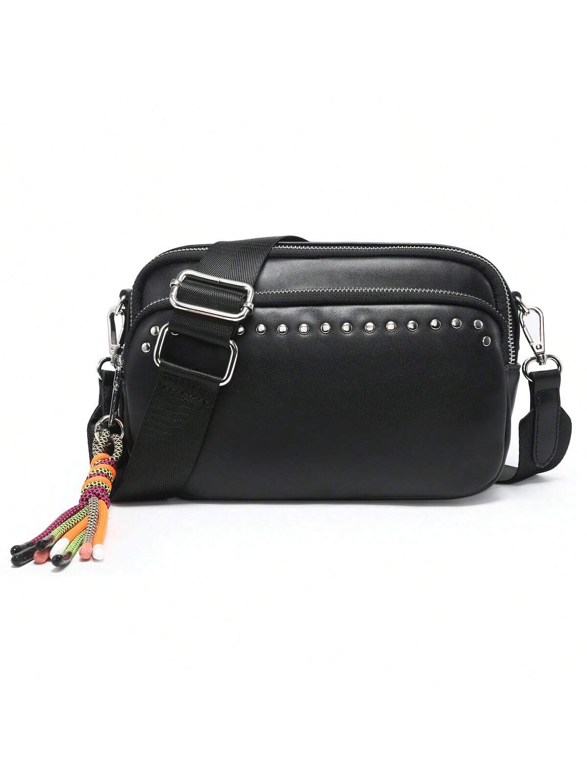 Women Small Crossbody Bag Beige With Multiple Pockets Trendy Tassel Compact Organized Square Purse Black With Wide Comfortable Nylon Guitar Strap - SJB-DIAMOND ELITES