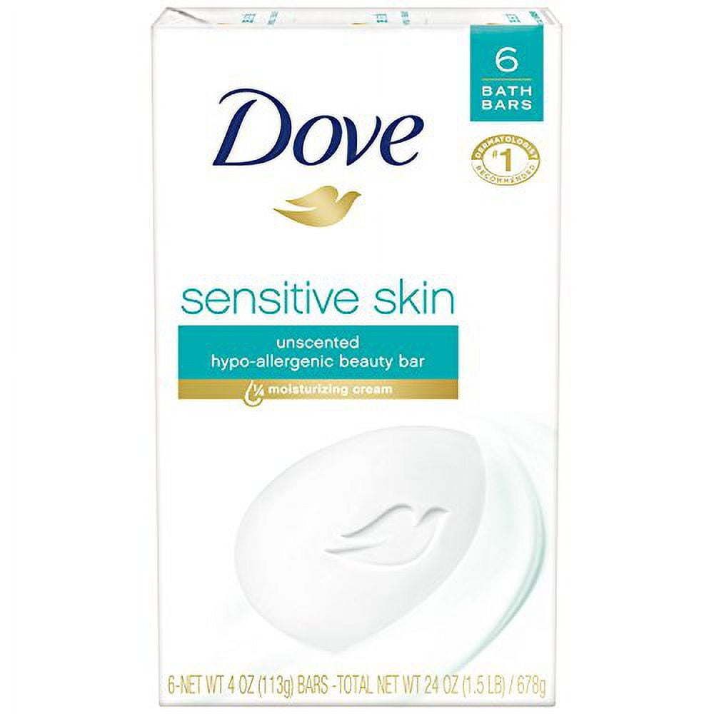 Dove Beauty Bar More Moisturizing Than Bar Soap Sensitive Skin With Gentle Cleanser for Softer Skin, Fragrance-Free, Hypoallergenic Beauty Bar 3.75 oz, 6 Bars