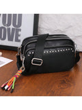 Women Small Crossbody Bag Beige With Multiple Pockets Trendy Tassel Compact Organized Square Purse Black With Wide Comfortable Nylon Guitar Strap - SJB-DIAMOND ELITES