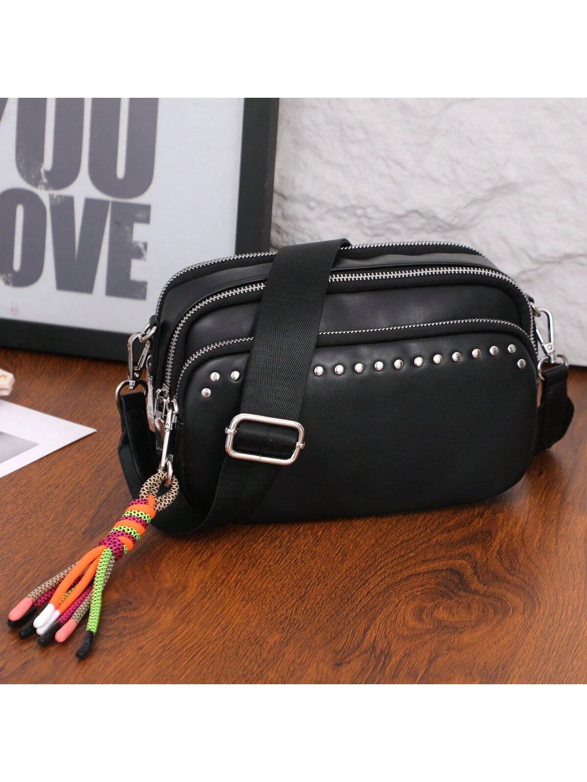 Women Small Crossbody Bag Beige With Multiple Pockets Trendy Tassel Compact Organized Square Purse Black With Wide Comfortable Nylon Guitar Strap - SJB-DIAMOND ELITES