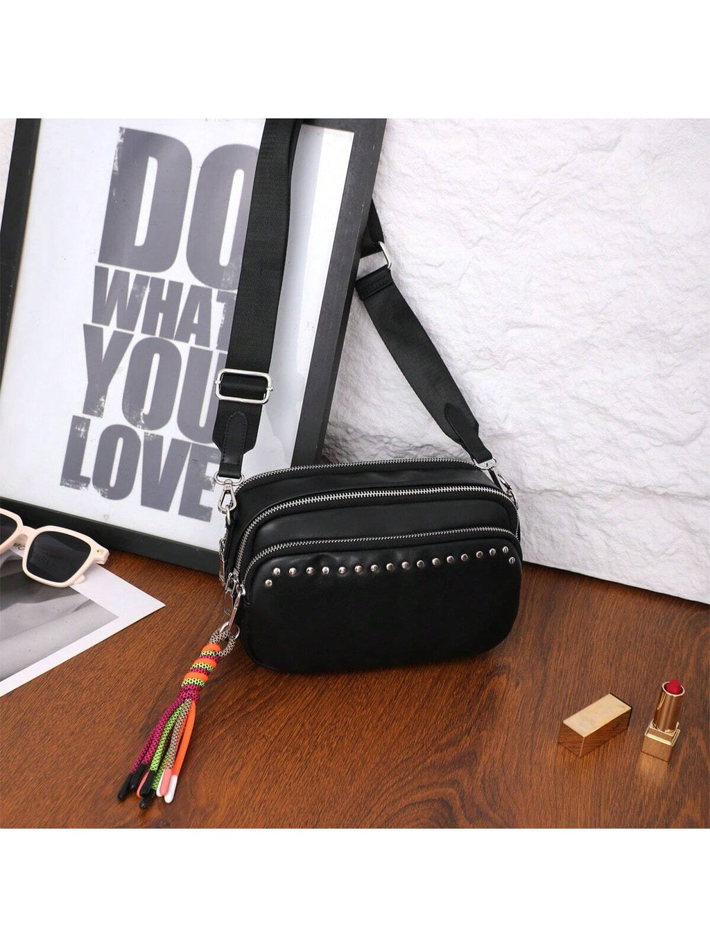 Women Small Crossbody Bag Beige With Multiple Pockets Trendy Tassel Compact Organized Square Purse Black With Wide Comfortable Nylon Guitar Strap - SJB-DIAMOND ELITES