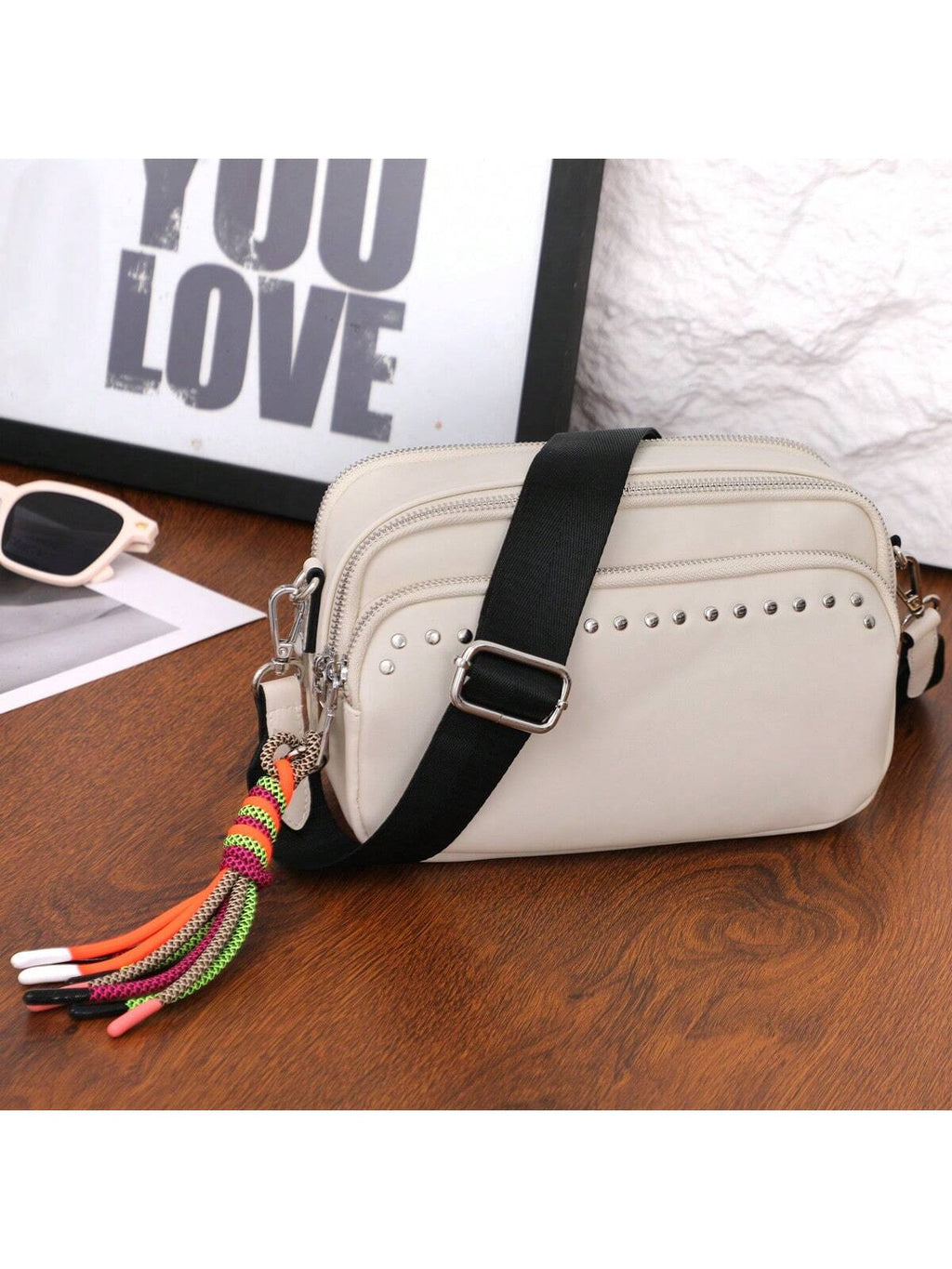 Women Small Crossbody Bag Beige With Multiple Pockets Trendy Tassel Compact Organized Square Purse Black With Wide Comfortable Nylon Guitar Strap - SJB-DIAMOND ELITES