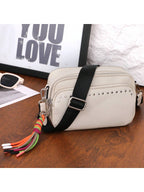 Women Small Crossbody Bag Beige With Multiple Pockets Trendy Tassel Compact Organized Square Purse Black With Wide Comfortable Nylon Guitar Strap - SJB-DIAMOND ELITES