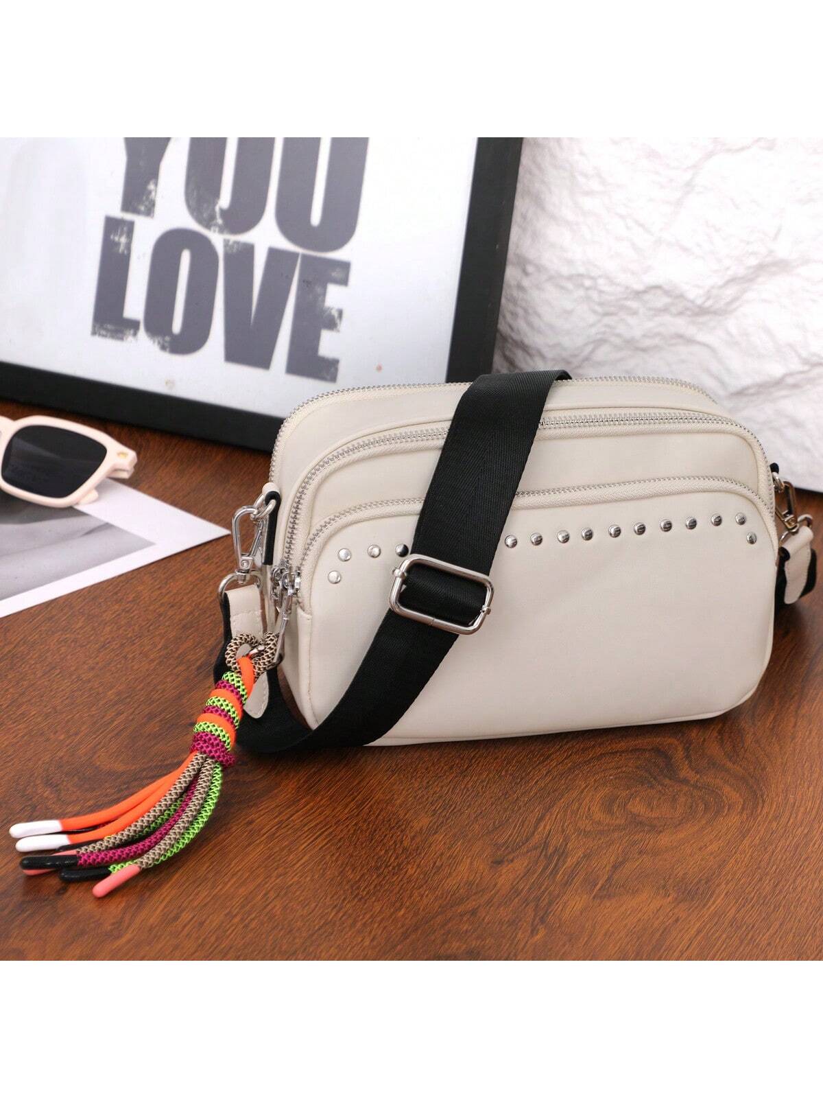 Women Small Crossbody Bag Beige With Multiple Pockets Trendy Tassel Compact Organized Square Purse Black With Wide Comfortable Nylon Guitar Strap - SJB-DIAMOND ELITES