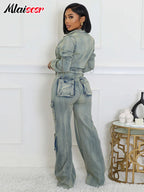 Mlaiscsr Vintage Stretch Denim 2 Piece Pants Sets Women Zip Slim Jackets and Pocket Cargo Jeans Outfit Streetwear Winter Suits Purplish Diva