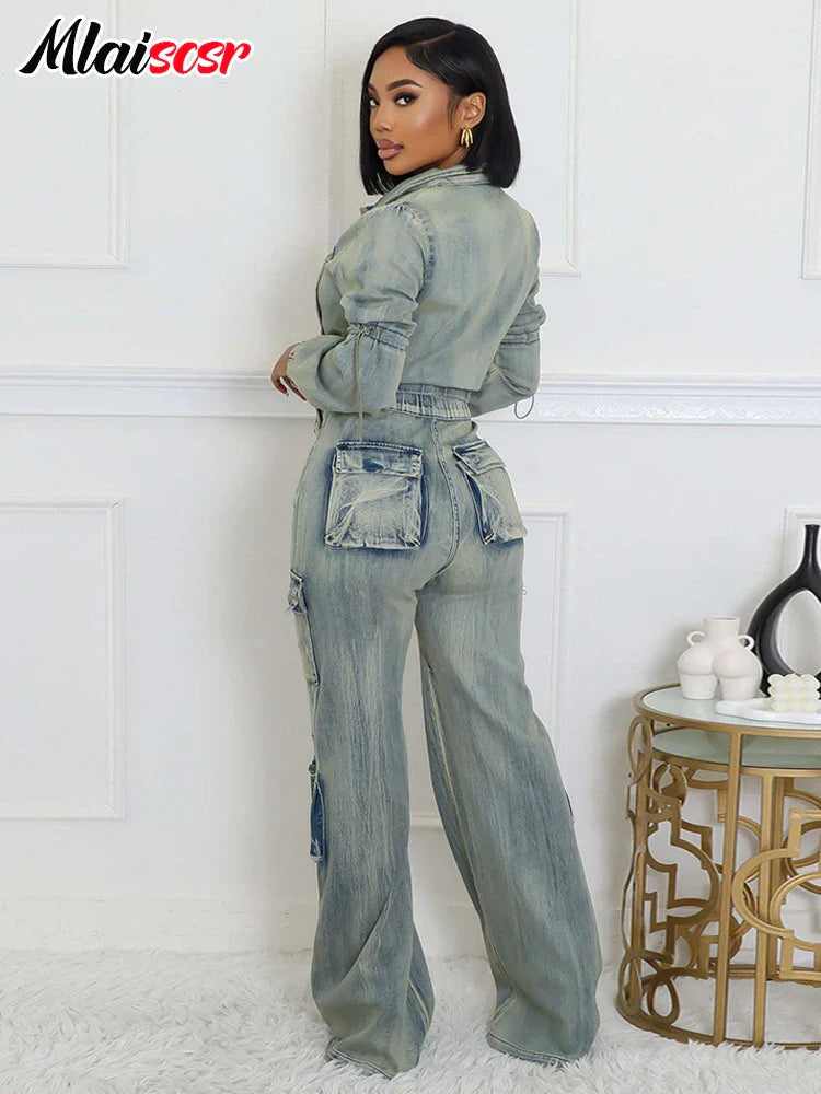 Mlaiscsr Vintage Stretch Denim 2 Piece Pants Sets Women Zip Slim Jackets and Pocket Cargo Jeans Outfit Streetwear Winter Suits Purplish Diva
