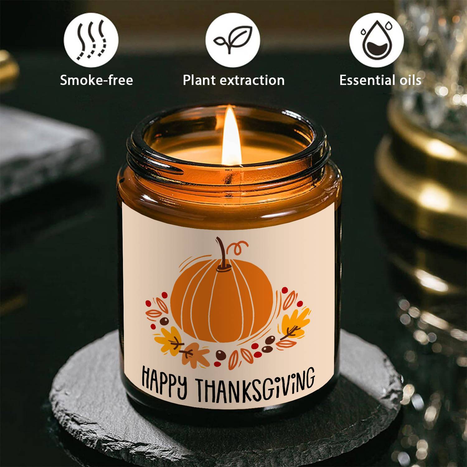 Happy Thanksgiving Day Scented Candle Fall Themed Autumn Orange Pumpkin Terracotta Burnt Rustic Farmhouse November Give Thanks Decoration Gift Idea for Home Women Woman Hostess Men Friends Her Mom Wife Grandma Cute Item Lootquake LLC