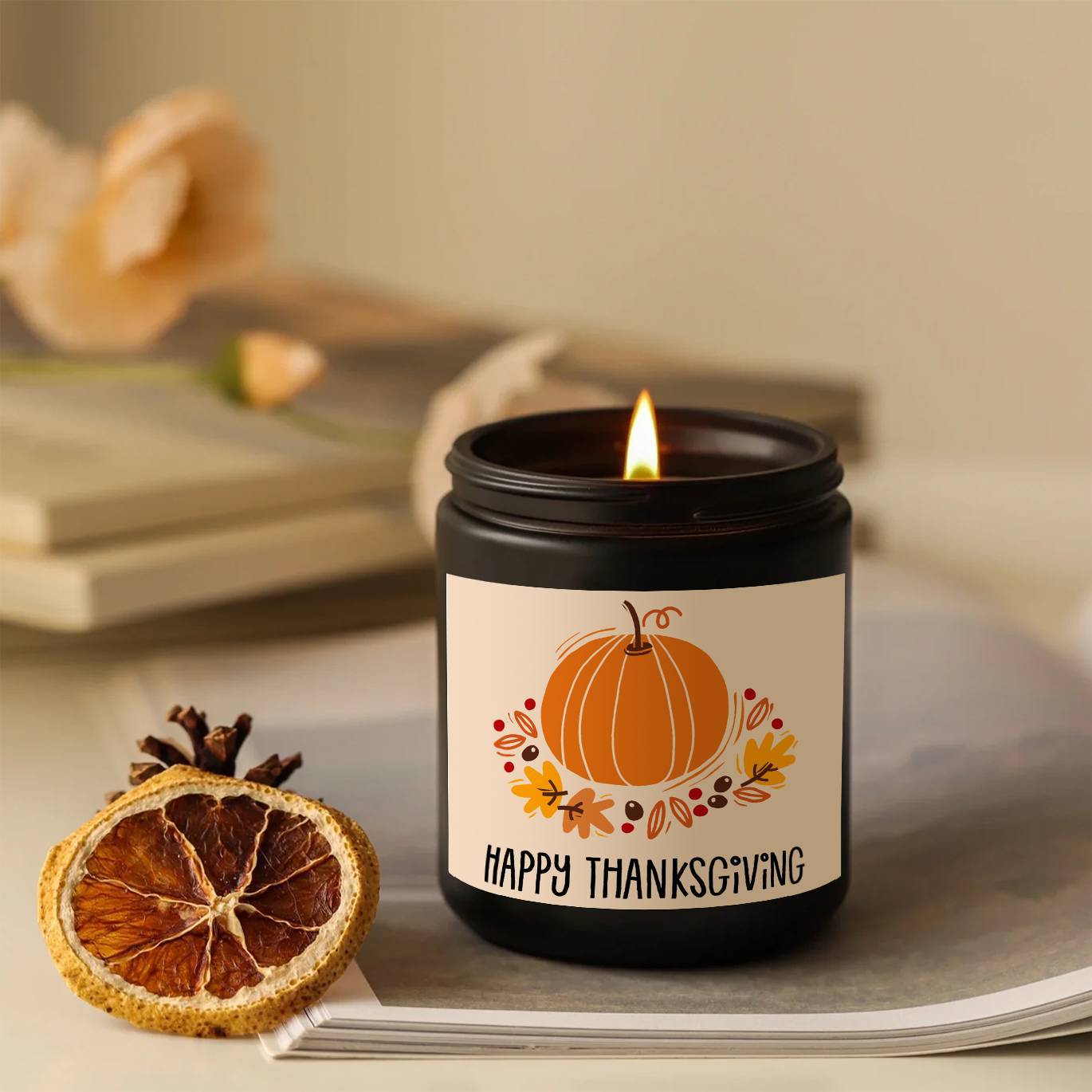 Happy Thanksgiving Day Scented Candle Fall Themed Autumn Orange Pumpkin Terracotta Burnt Rustic Farmhouse November Give Thanks Decoration Gift Idea for Home Women Woman Hostess Men Friends Her Mom Wife Grandma Cute Item Lootquake LLC