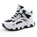Fashion Black White Lace-up Sneakers Winter Warm All-match Plush Shoes Women Plus Velvet Fleece Flat High-top Sports Shoes Pi-Mart