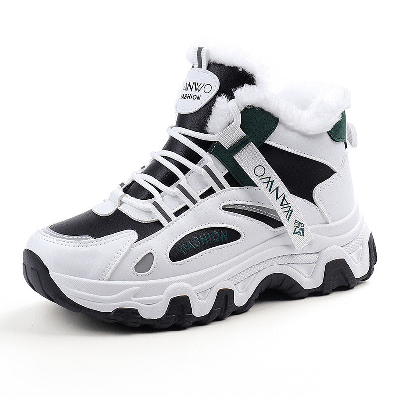 Fashion Black White Lace-up Sneakers Winter Warm All-match Plush Shoes Women Plus Velvet Fleece Flat High-top Sports Shoes Pi-Mart