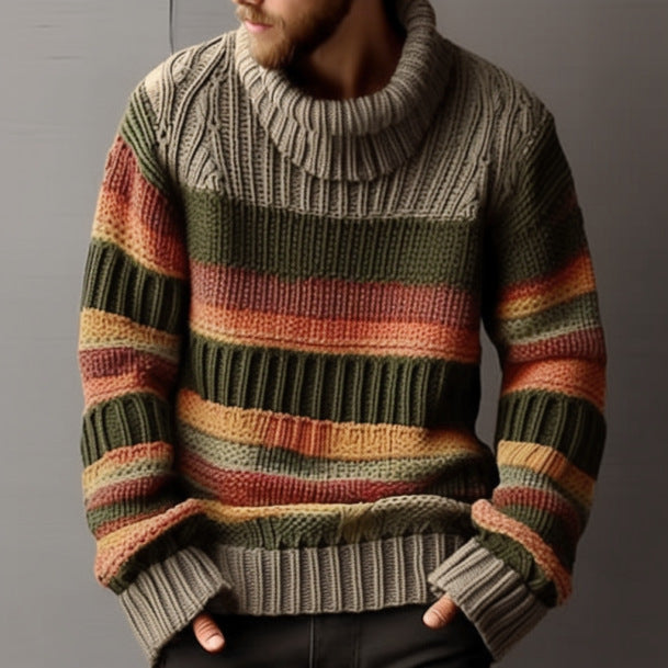European And American Turtleneck Sweater Autumn And Winter Lapel Color Matching Knitted Pi-Mart