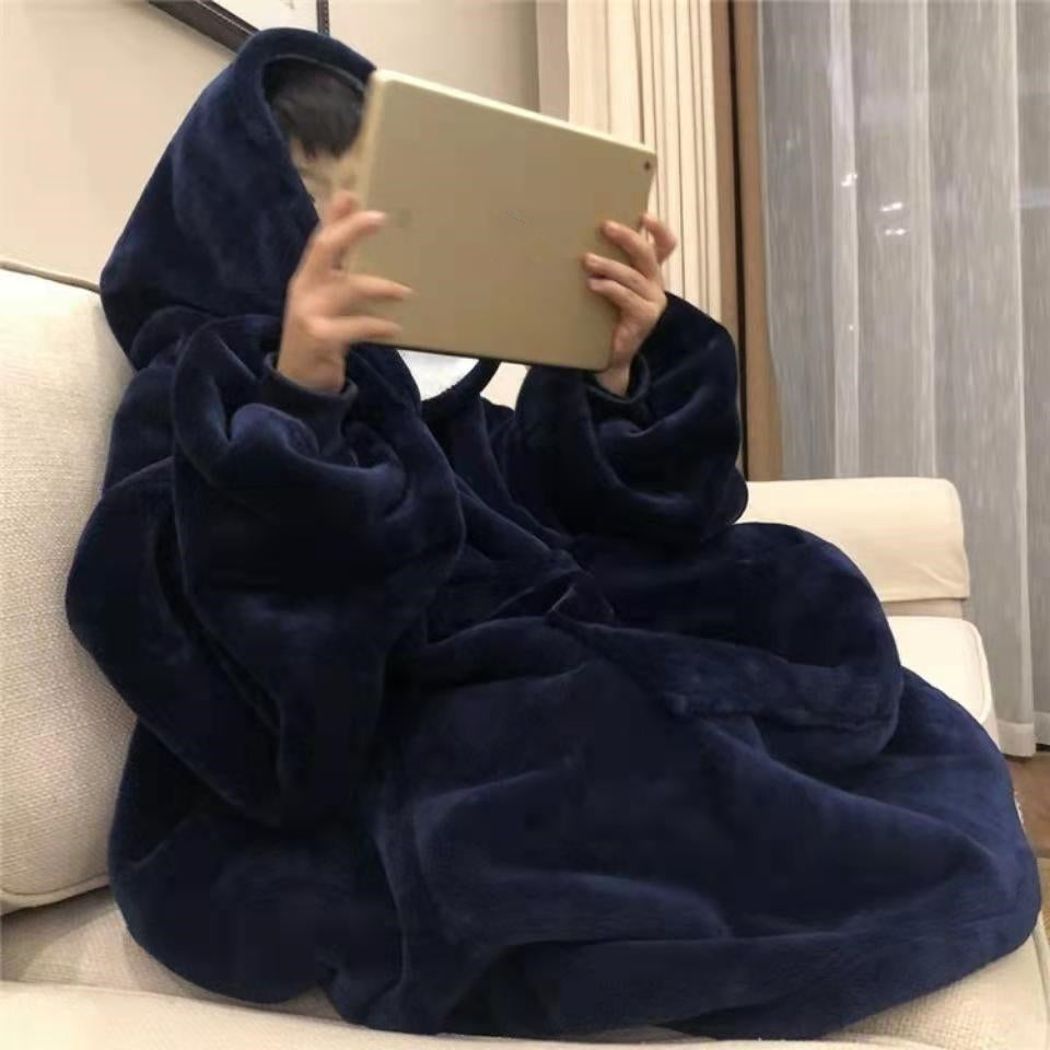 Male Student Thickened Warm Nightgown Flannel Outerwear Couple Homewear Hooded Blanket Pi-Mart