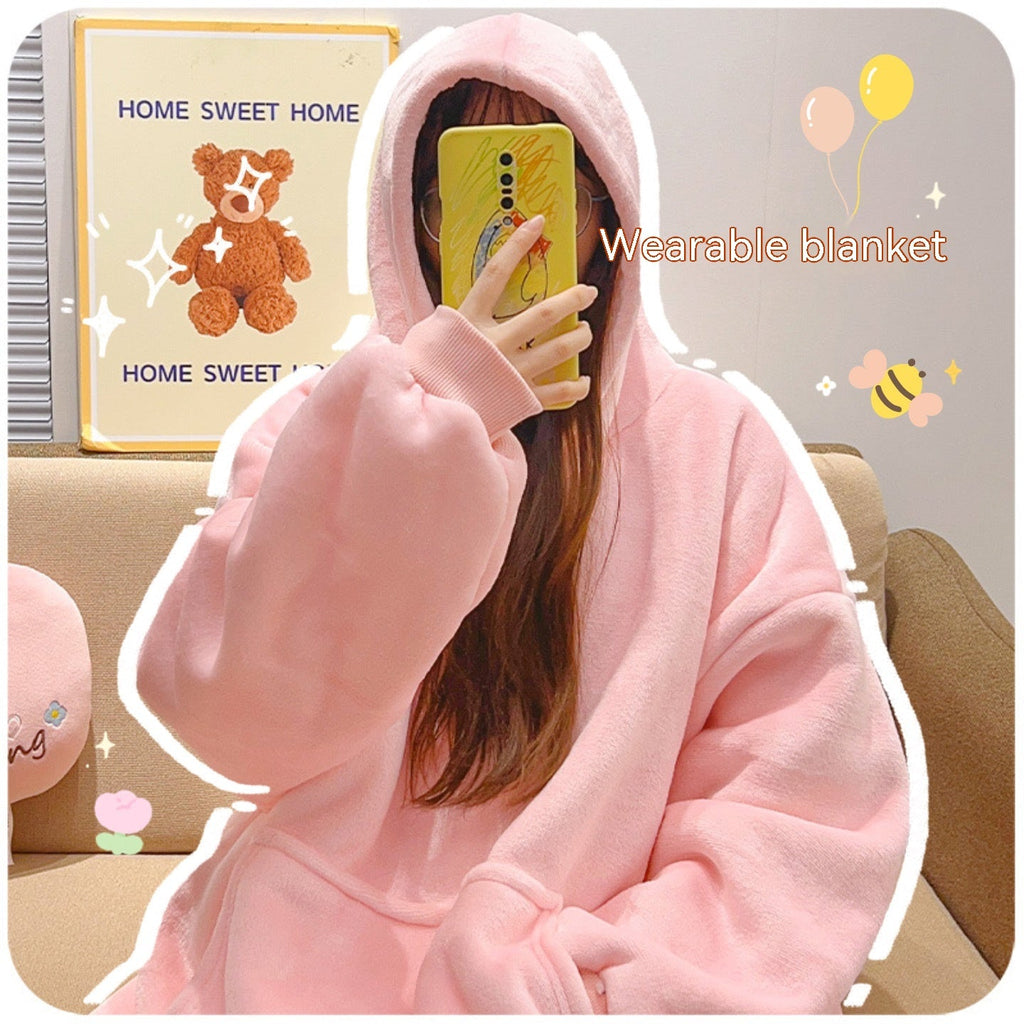 Male Student Thickened Warm Nightgown Flannel Outerwear Couple Homewear Hooded Blanket Pi-Mart