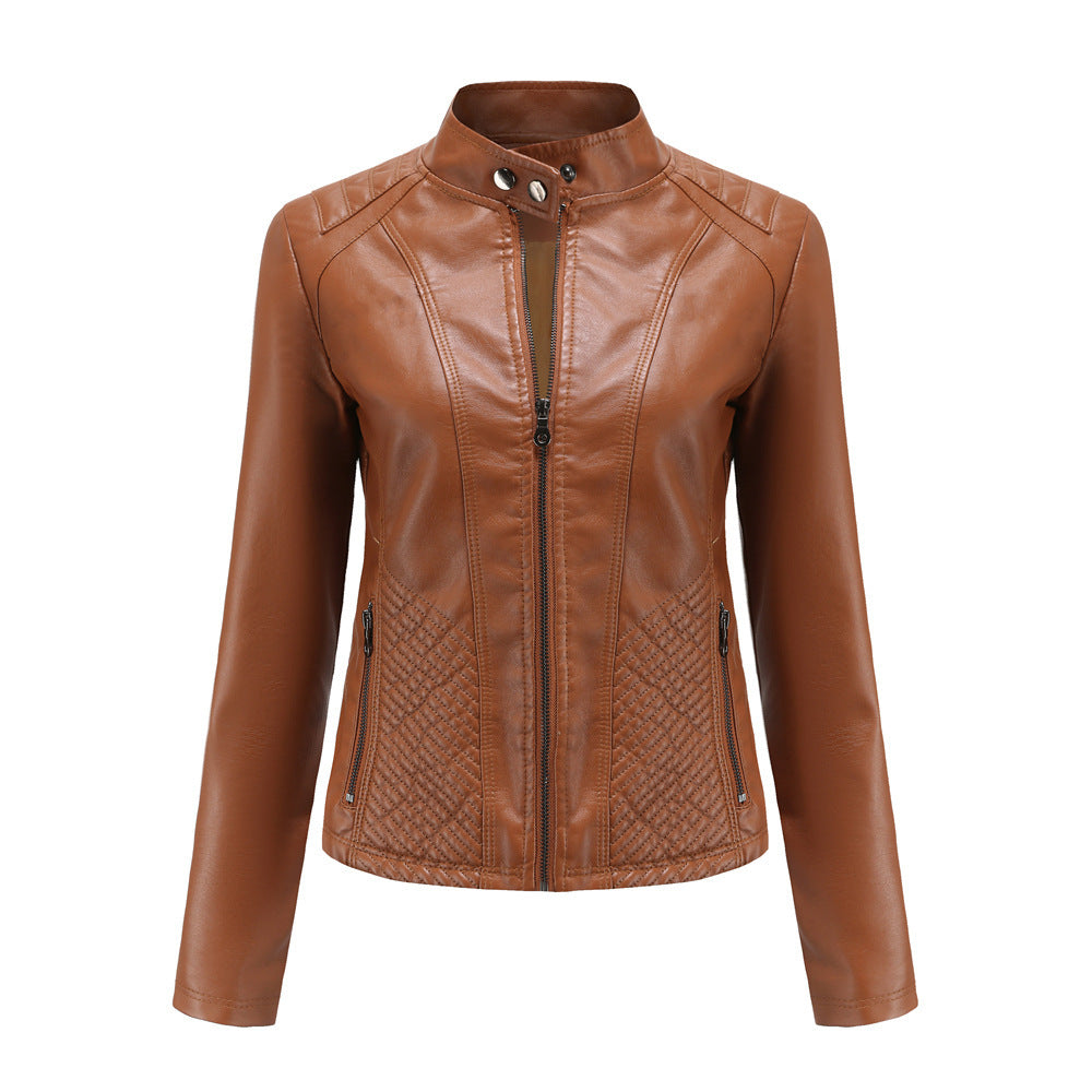 Simple European And American Trend Thin Coat Long Sleeve Motorcycle Jacket Women Pi-Mart