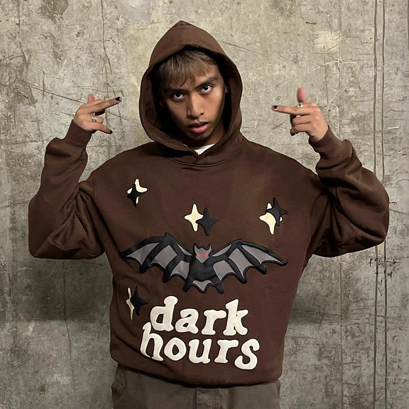 Men's Bat Print Velvet Hoodie - American Retro Pullover with Wool Lining (Dark Brown) Pi-Mart
